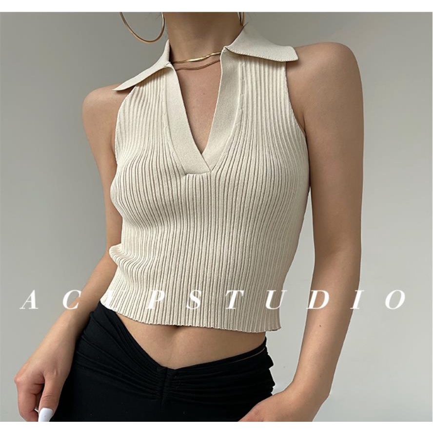 [Premium] Korea Style Summer Knitting Halter Neck Sleeveless V-Neck Top 7496