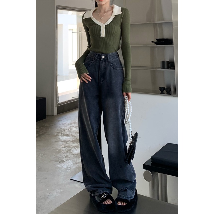 ✶◙Suhao Retro Jeans Wanita Desain Abu-abu Asap Kasual Mengepel Celana Musim Gugur Pinggang Tinggi Lurus Ramping Lebar Kaki Celana