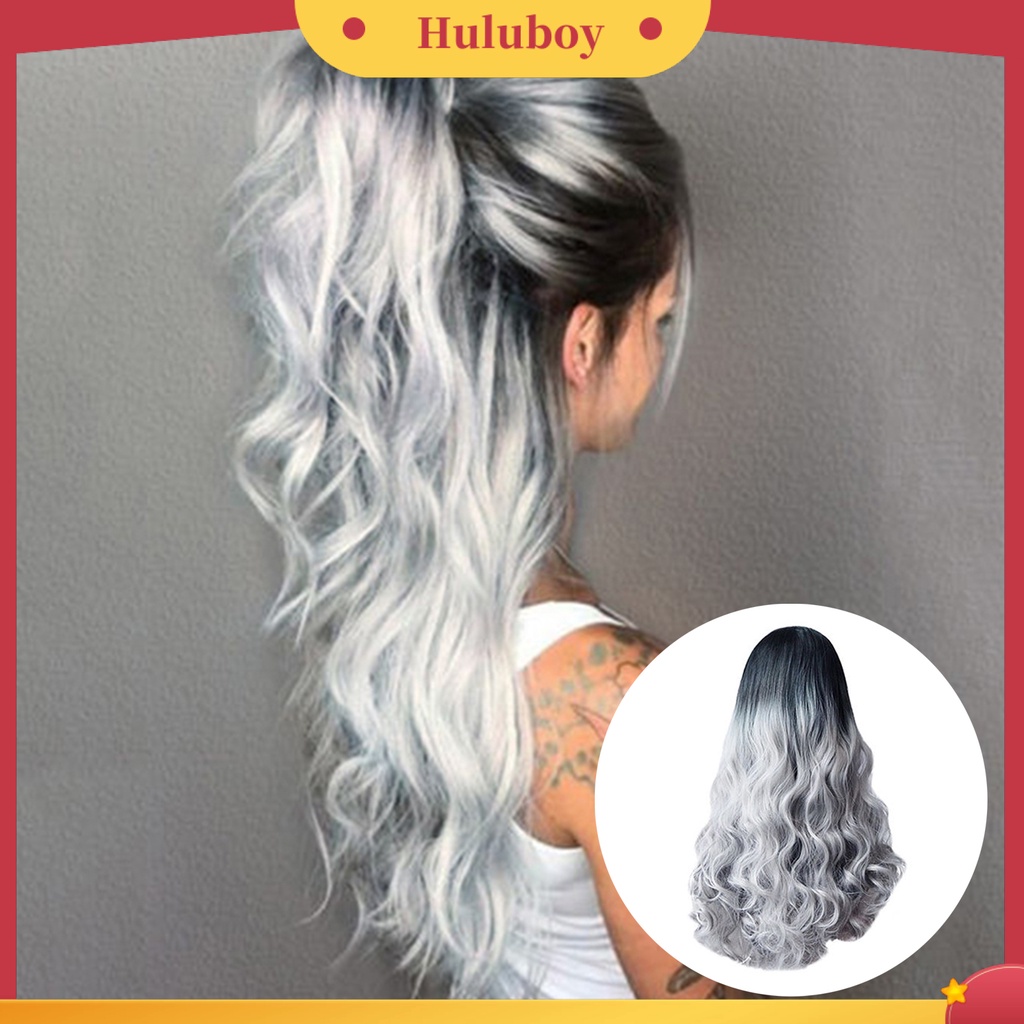 Wig Rambut Keriting Panjang Warna Gradasi Silver Abu-Abu Adjustable Untuk Makeup