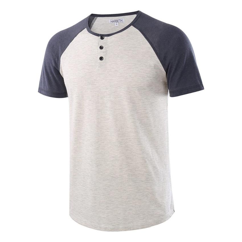kaos pria lengan pendek model raglan kombinasi warna memiliki kancing  di depan