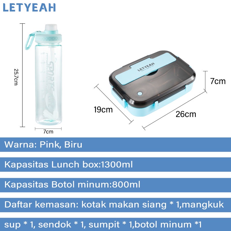 letyeah Lunch box set /1300ml kotak makan stainless dengan 800ml botol minum olahraga dan tas bekal