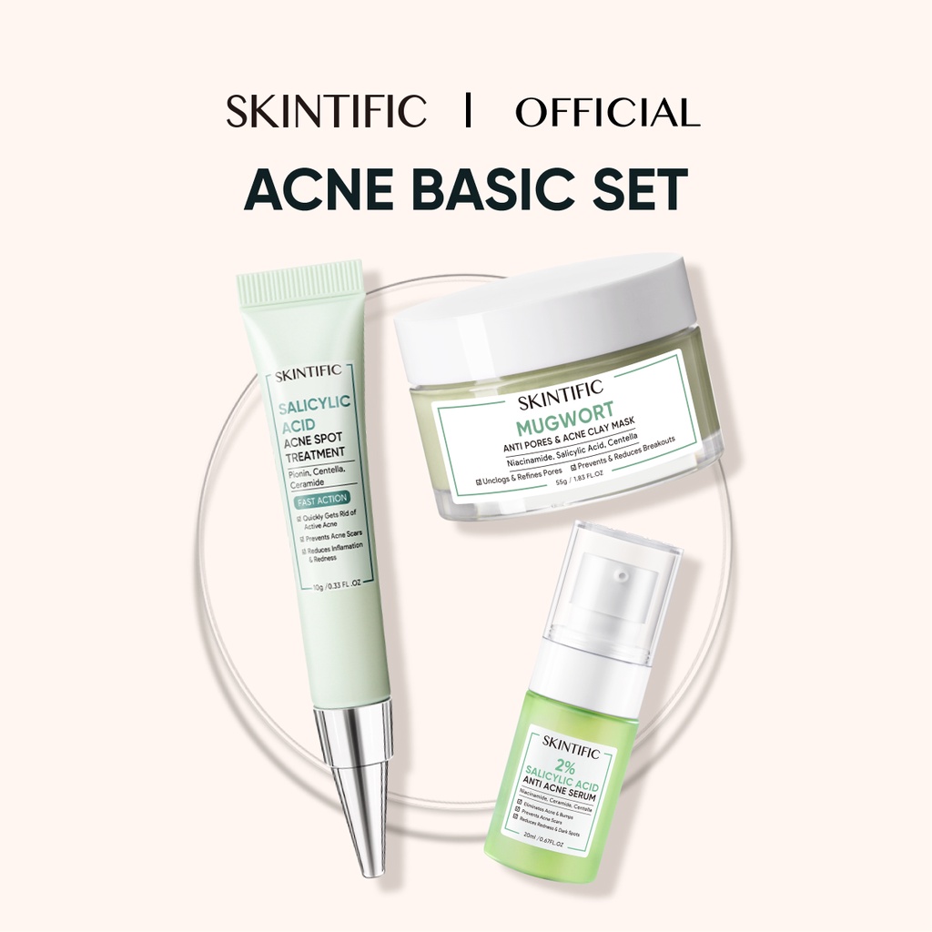 SKINTIFIC Acne Powerful Set 3pcs | Salicylic Acid Acne Spot Treatment Gel 10g Totol Jerawat + 2% Salicylic Acid Anti Acne Serum 20ml + Mugwort Anti Pores & Acne Clay Mask 55g Masker Wajah