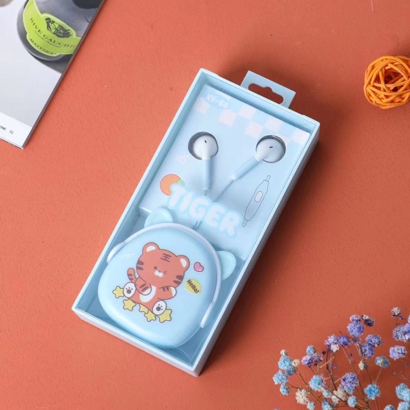 [ XY 68 ] Set Headset Earphone karakter seri XY 68 motif Tiger Animal  plus Wadah penyimpanan Earphone Motif