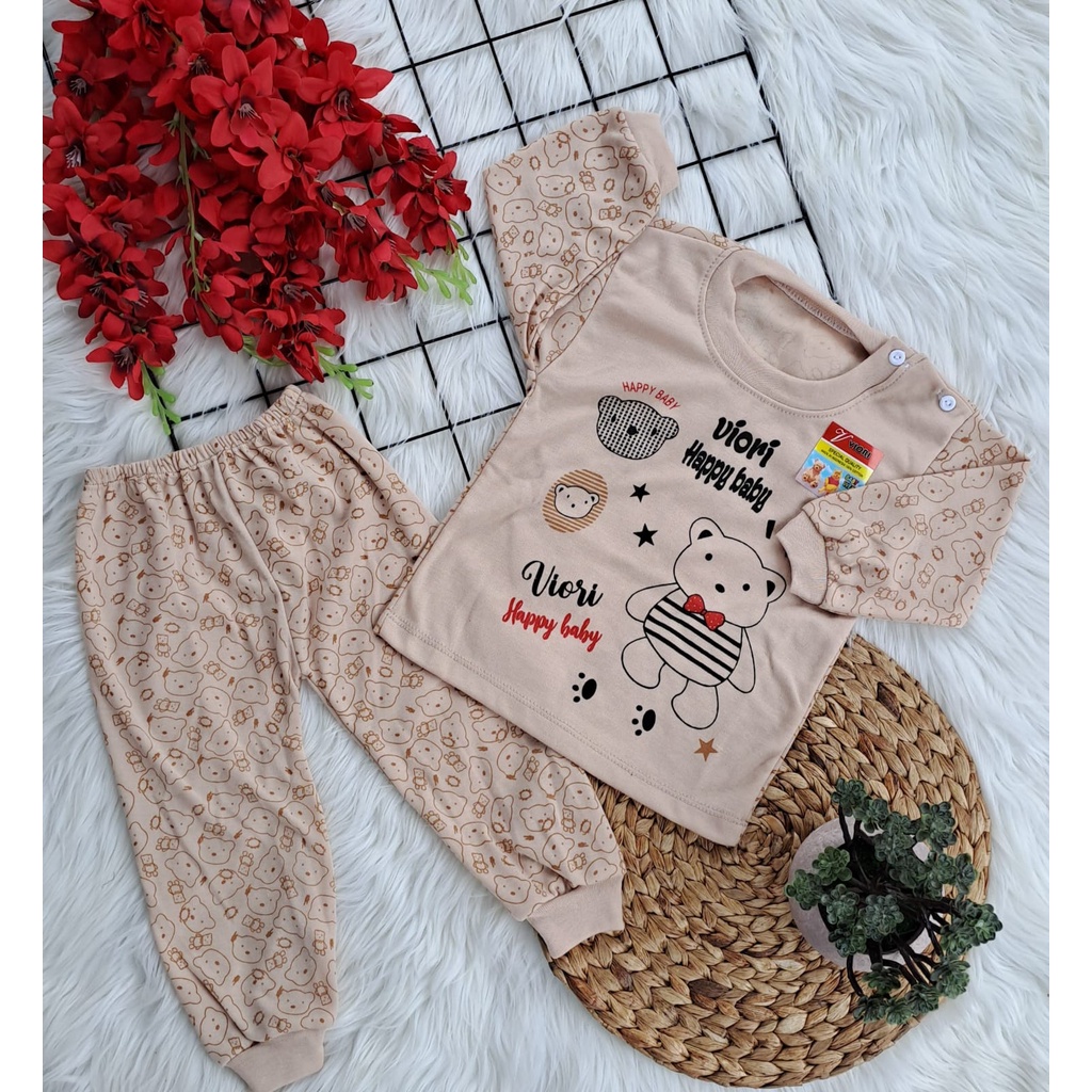 stelan baju bayi laki laki perempuan lucu murah motif HAPPY BEAR DASAR WARNA PANJANG 3-18 bulan