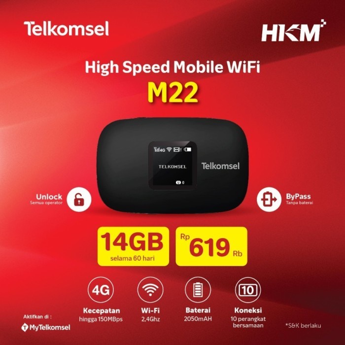 HKM M22 MiFi Modem Wifi 4G LTE Free Kuota Telkomsel 14Gb/Huawei Modem