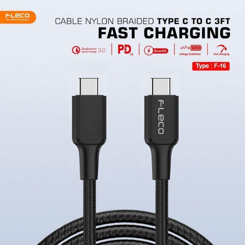 Kabel Data FLECO F-16 TYPE-C TO TYPE-C Kabel Charger FLECO F16 TIPE-C KE TIPE-C Kabel Casan FLECO F-16 USB TYPE C TO TYPE C