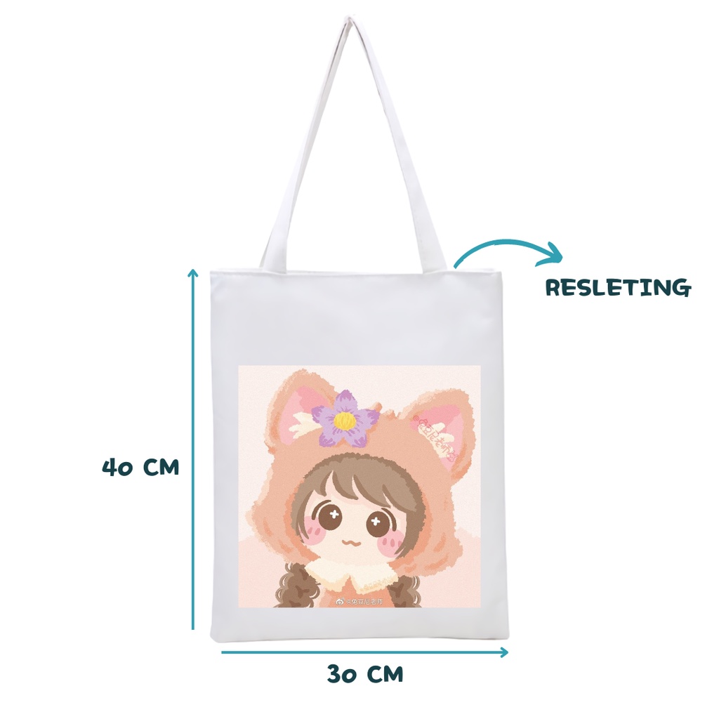 BISA CUSTOM SATUAN TOTEBAG RESLETING PRINTING MOTIF KAWAII GIRL anak lucu imut tas tote sekola kuliah viral || Kiiyoomii ||