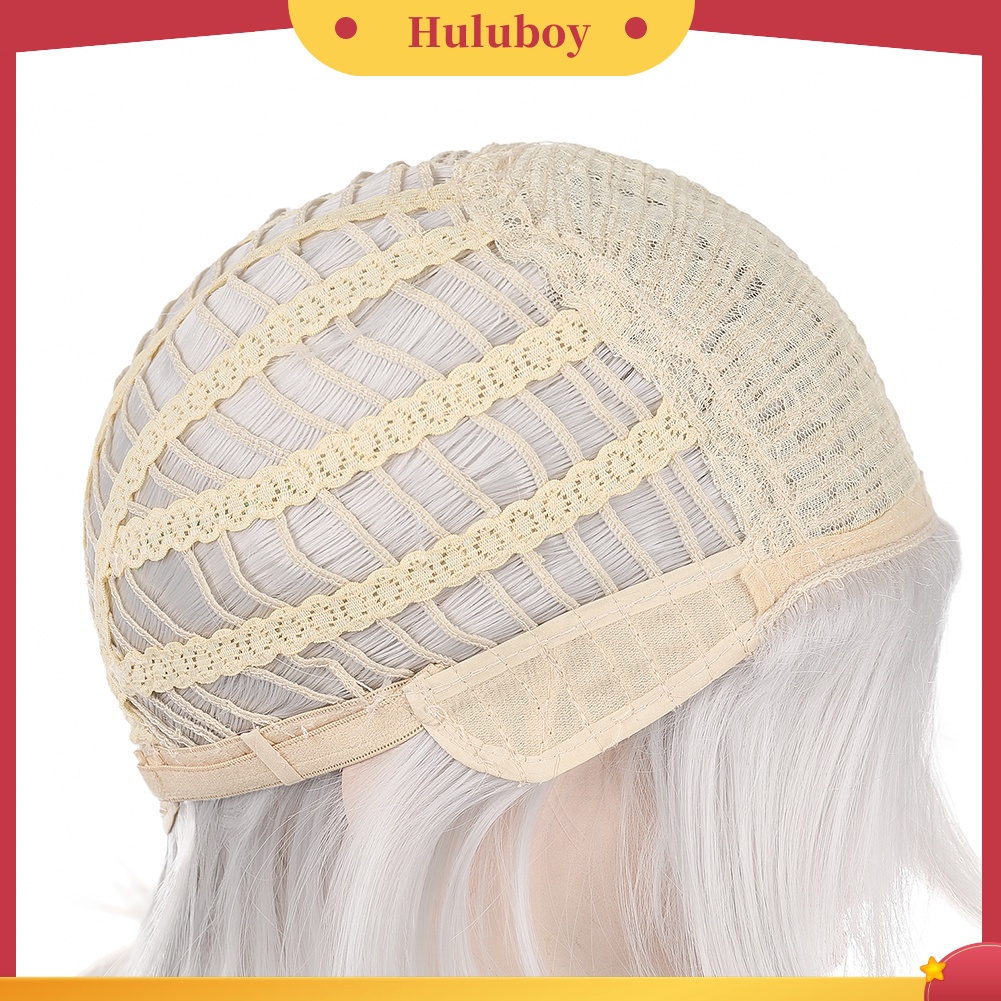 Wig Rambut Sintetis Model Panjang Sedang Keriting Warna Silver Putih Untuk Pesta Cosplay Anime
