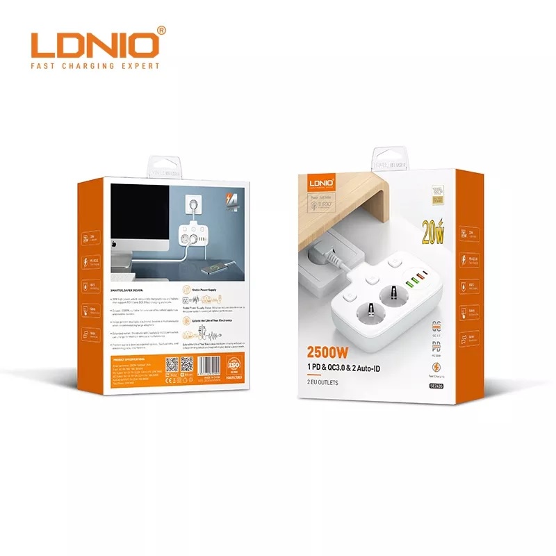 LDNIO SE2435 - Colokan Listrik 2 Lubang dengan USB-A dan USB-C PD 20W - Colokan Listrik Paling Praktis dari LDNIO