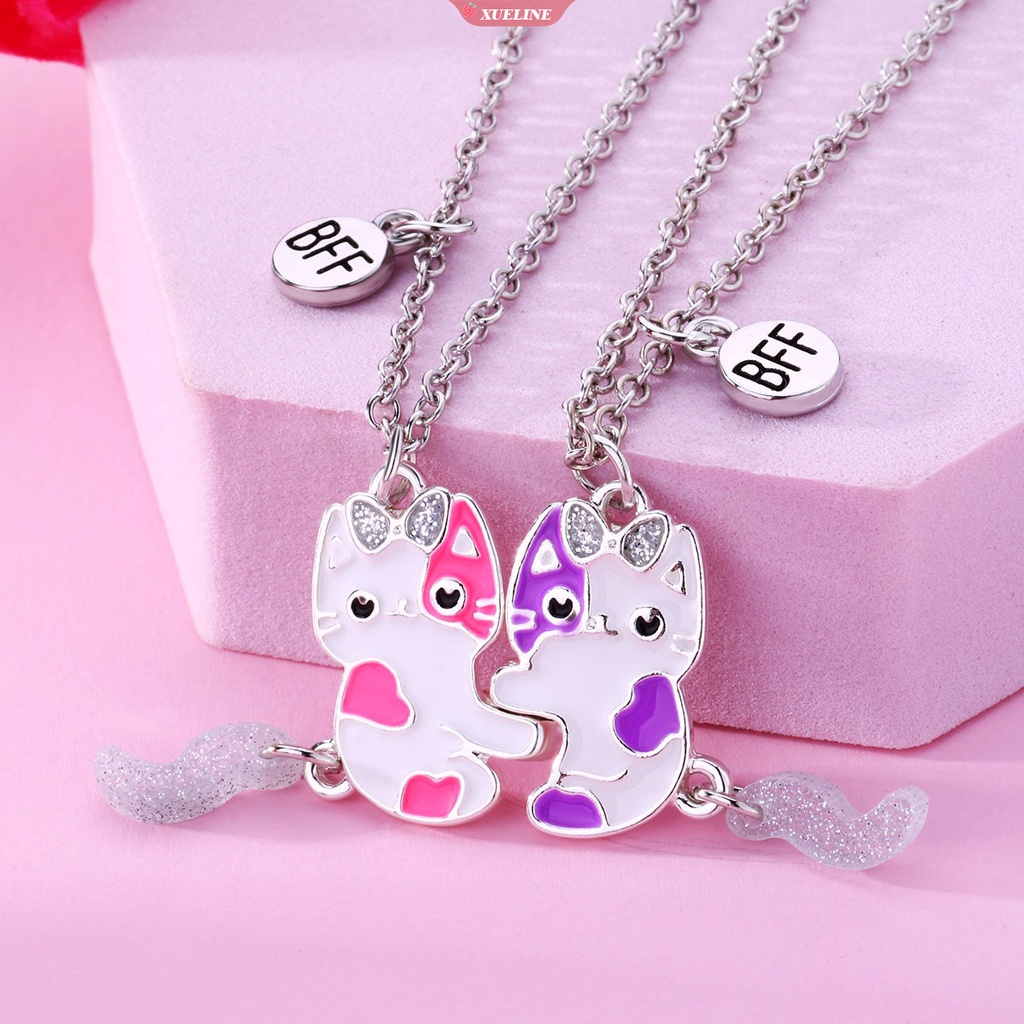 2 Pcs Paket Lucu Kartun Kucing Berbentuk Liontin Rantai Sahabat Kalung BFF Persahabatan Anak Perhiasan Hadiah Untuk Perempuan [ZXL]