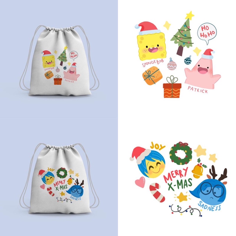 Tote Bag dan String Bag atau Tas Serut Bergambar Karakter Doodle Kartun Disney Christmas// Limited Edition