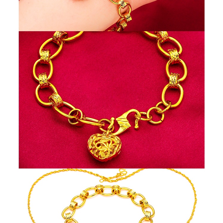 Goldkingdom Perhiasan Fashion Emas Asli Kadar 375Bangkok Aksesoris Ready Stock Baru Berlapis Emas Minimalis Wanita Cinta Gelang Liontin Kalung