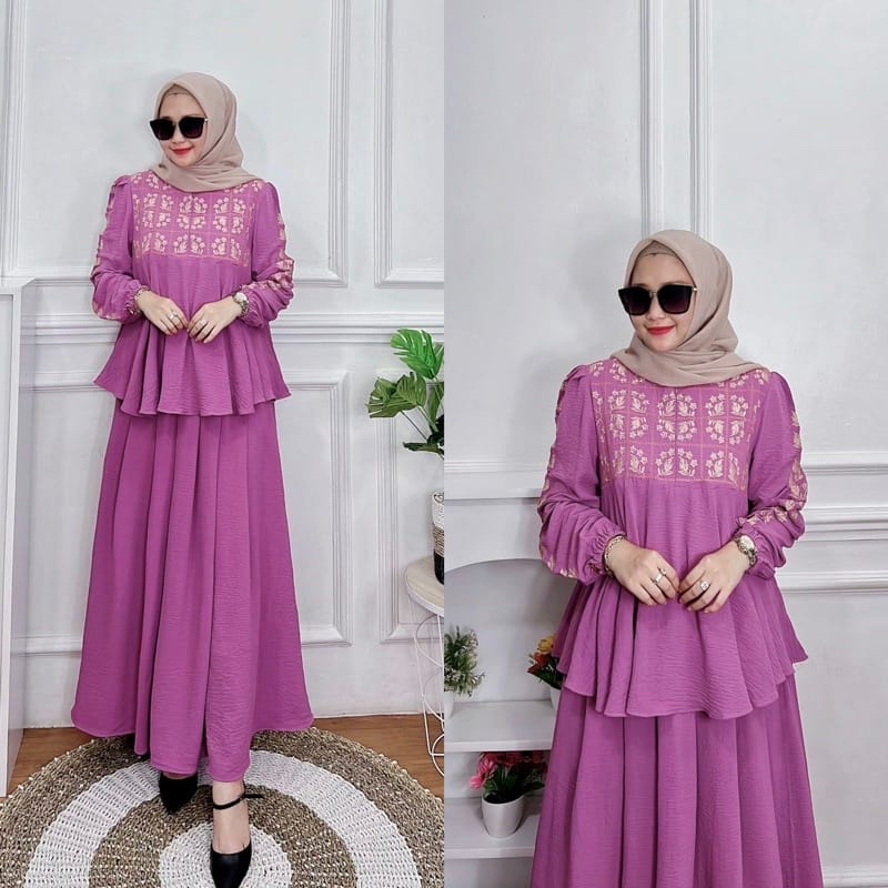 Setelan Rok Airflow Crinkle Bordir Premium New  Syalinaset rok maroko bordir Dress Maxy Terbaru 2022