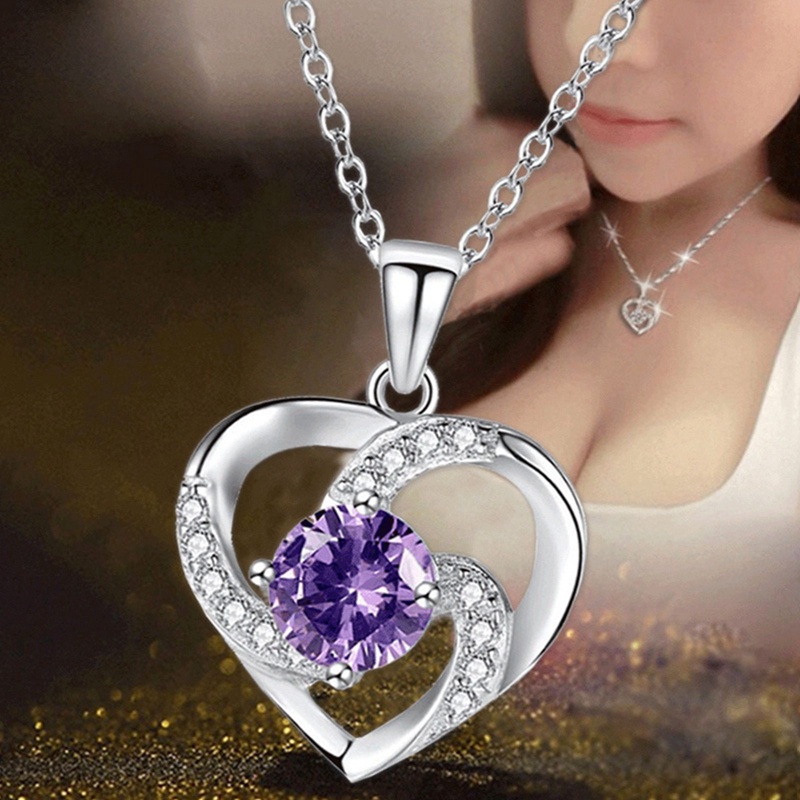 925 Perak Zirkon Kristal Hati Liontin Kalung Wanita Rantai Perhiasan Hadiah