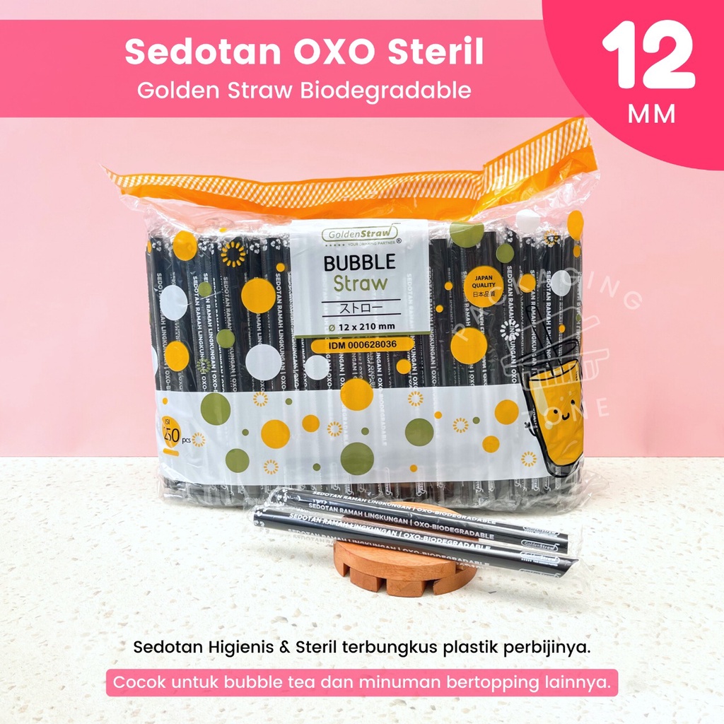 Sedotan Hitam Steril 12mm x 21cm GOLDEN STRAW / Sedotan Boba / Sedotan Topping Isi 250Pcs