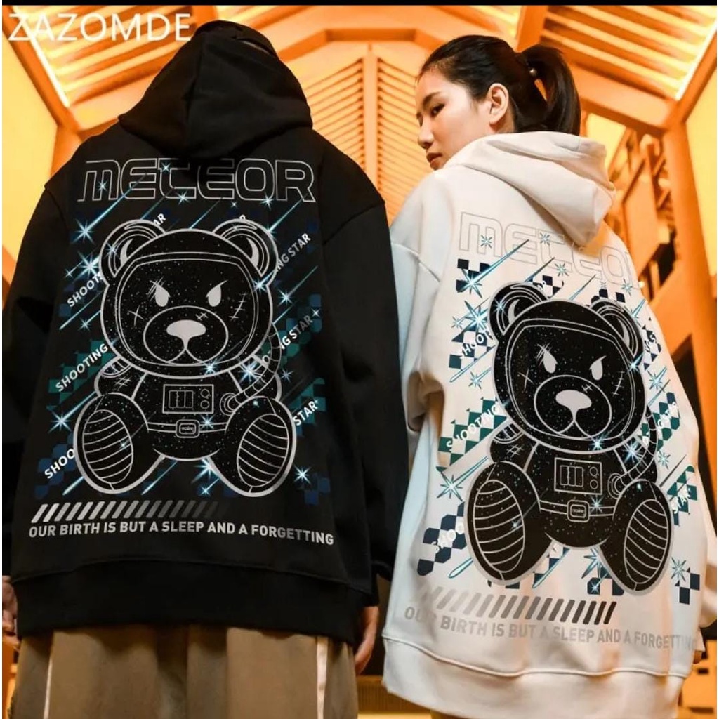 HOODIE COUPLE UNISEX OVERSIZE METEOR BEAR / JUMPER UNISEX ALA KOREA SIZE XL FLEECE TEBAL HALUS TERBARU'