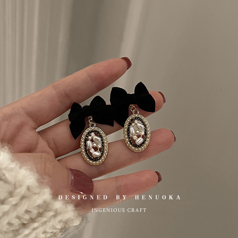 AY(CN) Anting Bow Drop Elegan Anting Tusuk Beige Hitam Mutiara Kristal Earring Untuk Aksesoris Perhiasan Wanita