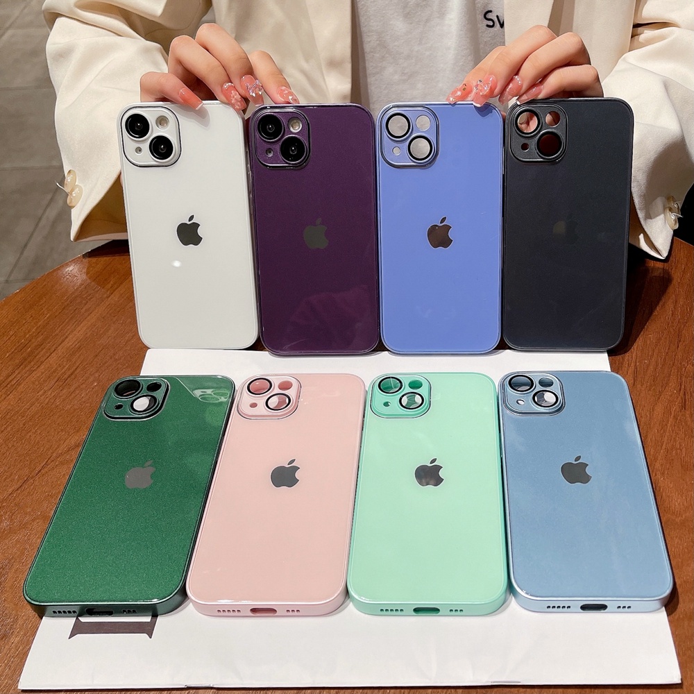 IPHONE Casing 9H Tempered Glass Phone Case Untuk Iphone13 14 Pro Max 11 12 Pro Max Case Warna Macaron Case Silikon Cair Untuk Iphone14Plus Casing Tahan Guncangan