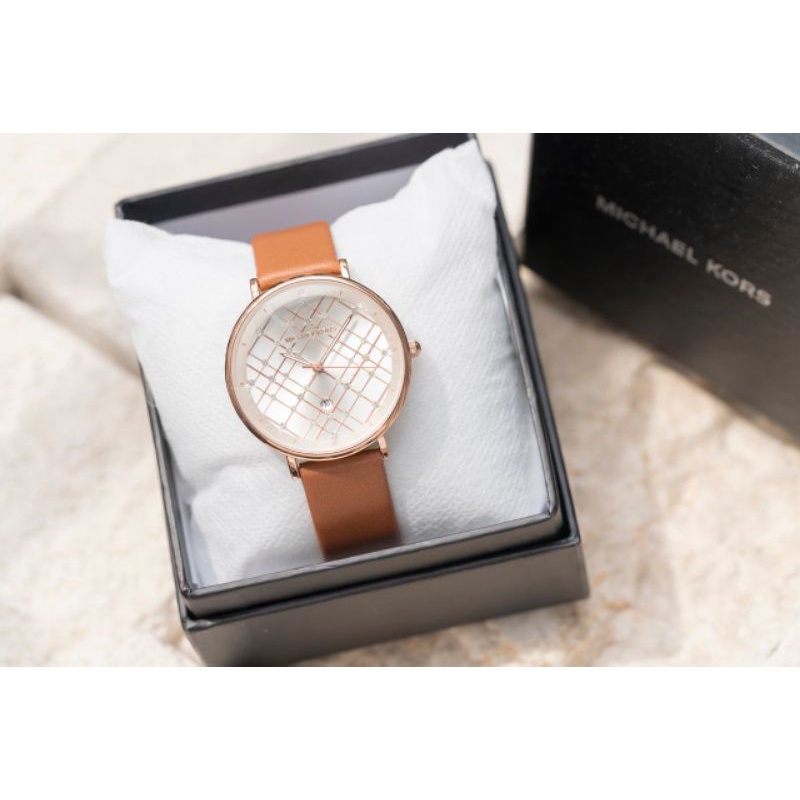 PROMO !! JAM TANGAN WANITA MICHAEL KORS 9850 TALI KULIT  FREE BOX|| DIAMETER 3.6CM ||