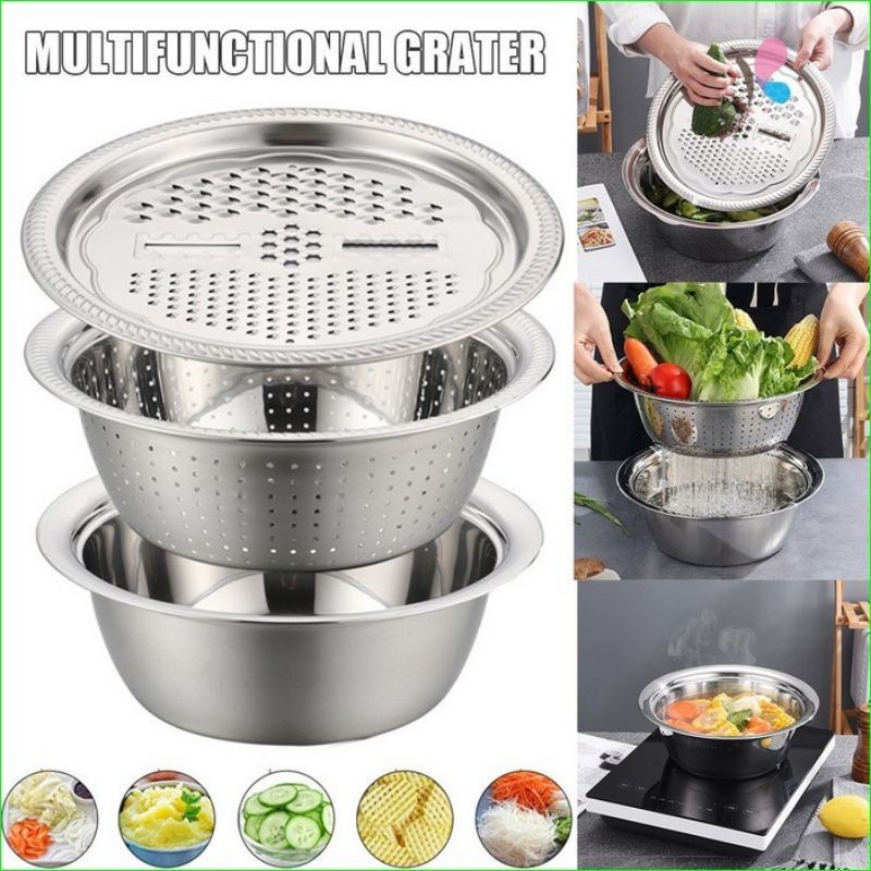 Parutan Serbaguna SET 3 in 1 STAINLESS Drain Basin Rice Washing Strainer Set Kitchen Grater Set Bowl Parut Iris Potong Serut Es Sayuran