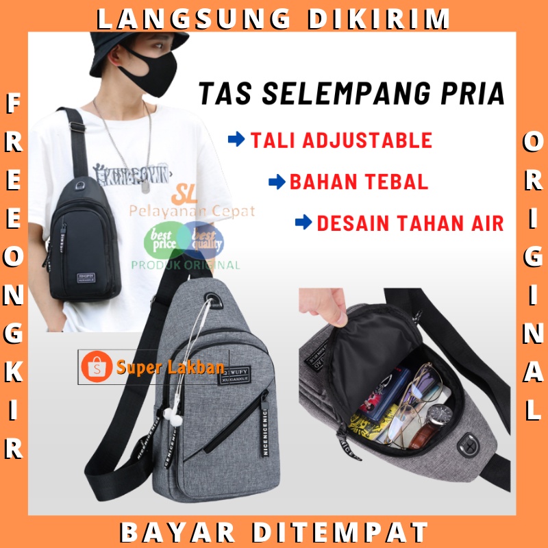 Tas Selempang Pria Sling Bag Kanvas Tali Bisa Tebal Tahan Air Ringan Mudah Dibawa