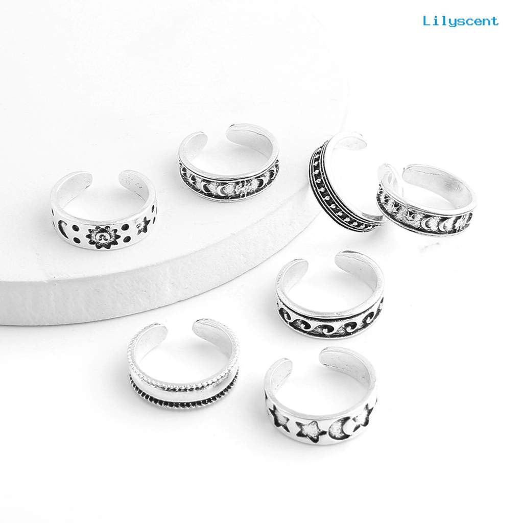 [LS]7Pcs Cincin Jari Kaki Perhiasan Pembukaan Bulan Bintang Bohemian Electroplating Toe Rings Untuk Pantai