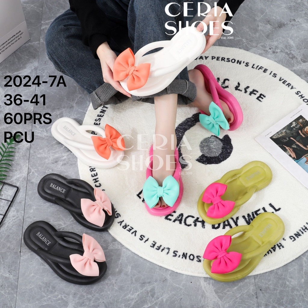 BALANCE Sandal Jepit Wanita BKK Import Bahan Karet Jelly PVC Tali Bulat Empuk Elastis Motif Pita Kupu Kupu Polos 2024-7A