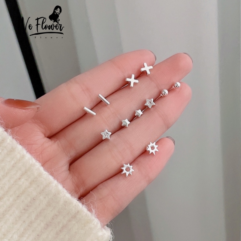 We Flower 6pasang Korea s925 Perak Geometris Stud Earrings Untuk Wanita Perempuan Minimalis Bola Kecil Bintang Anting-Anting Set Perhiasan
