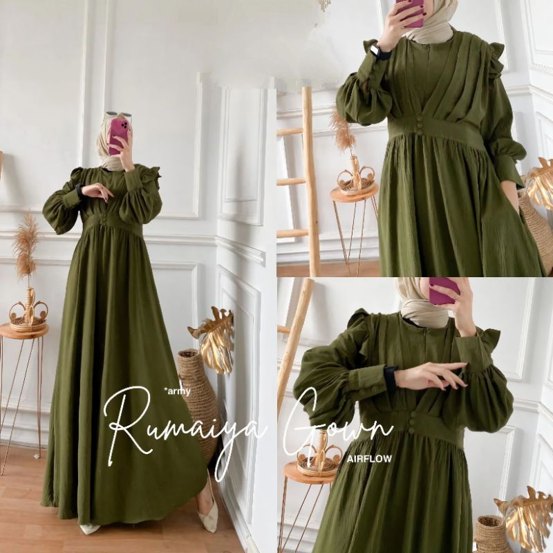 RUMAIYA GROWN DRESS CRINKLE AIRFLOW BUSUI FRIENDLY/NAOMI DREES DESIGN TURKEY/GAMIS MUSLIM WANITA KEKINIAN/GAUDY MAXY NABTIK/FAR MOSLEMSTORE