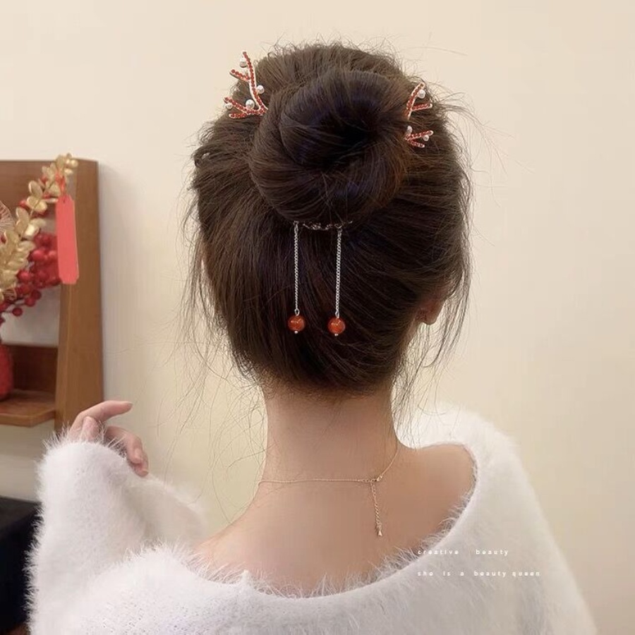 Natal Kristal Tanduk Logam Jepit Rambut Tanduk Logam Berlian Imitasi Mutiara Rumbai Hair Clip Ponytail Holder Woman Festival Headwear