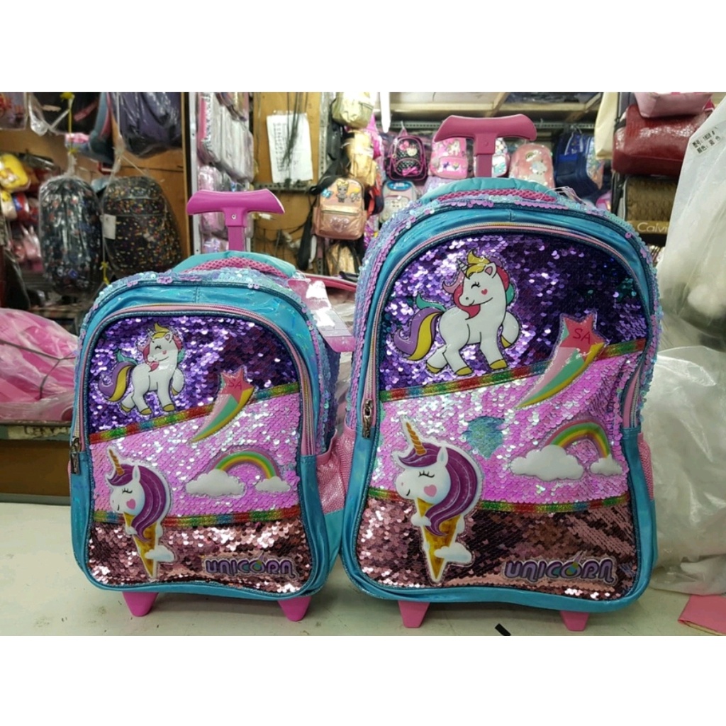 Tas Sekolah Troli Anak SD dan TK Tas Trolley Sequin Motif Unicorn dan LOL Tas Koper Dorong Anak Perempuan