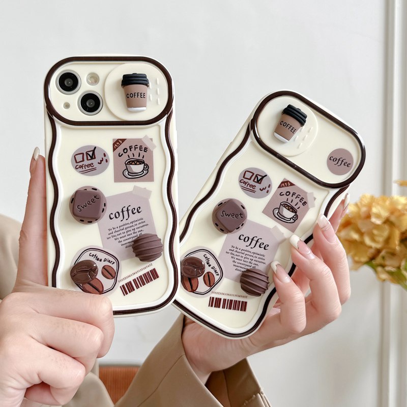 Fashion Coffee Bean Doll Push The Window Cover Soft Case iP iPhone 11 12 13 14 Pro Max + Plus Brown Wavy Casing Apple