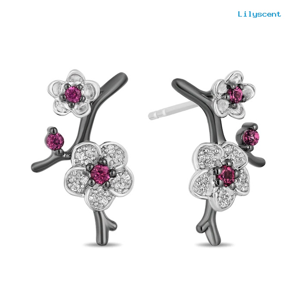 [LS] Berlian Imitasi Plum Blossom Bunga Wanita Kalung Telinga Stud Anting Cincin Jari