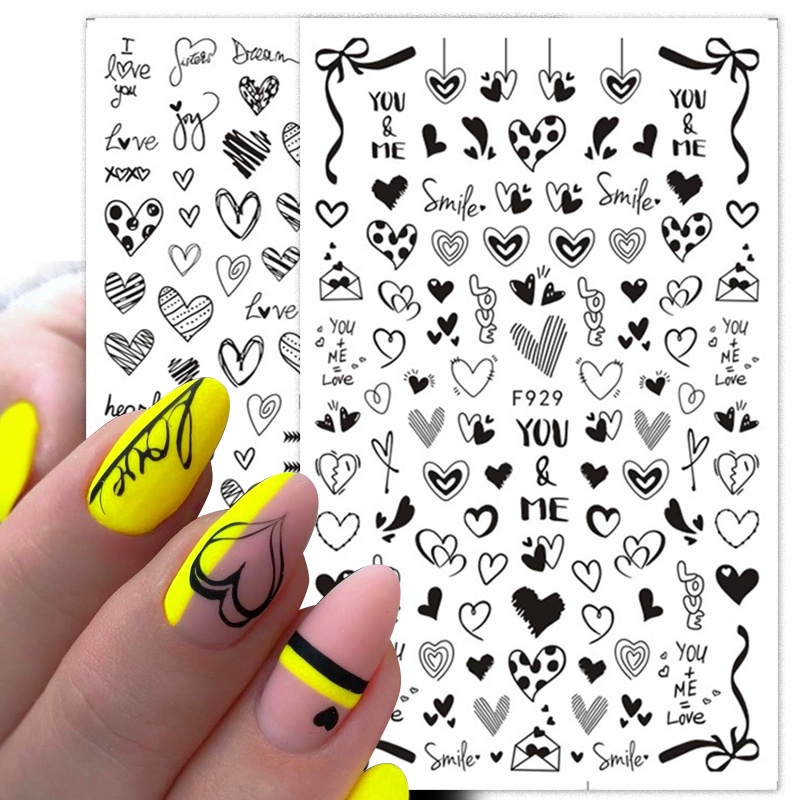 3d Stiker Kuku Merah Putih Hitam Huruf Hati Hari Valentine Seri Decals DIY Nail Art Dekorasi