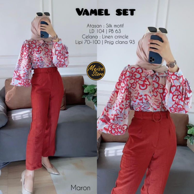 VAMEL SET SETELAN WANITA ATASAN BLOUSE WANITA BAHAN DIOR SILK CELANA WANITA BAHAN LINEN
