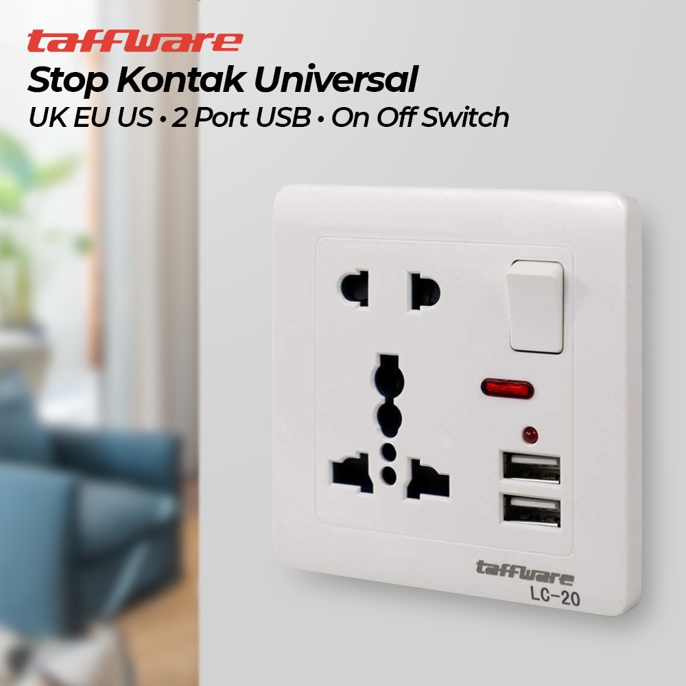 Stop Kontak Universal UK EU US 2 Port USB with On Off Switch - LC-20 - OMHX7LWH White