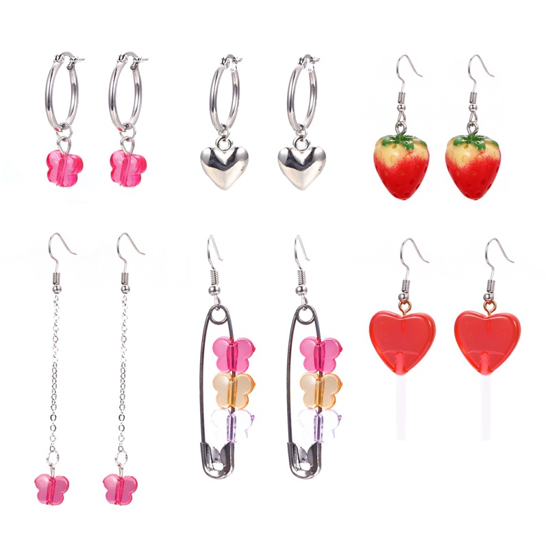 6pasang/set Harajuku Lucu Resin Peach Hati Strawberry Butterfly Earrings