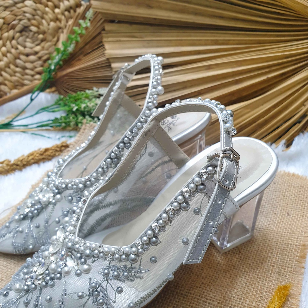 sepatu wedding pesta cantik kilena silver hak 7cm kaca