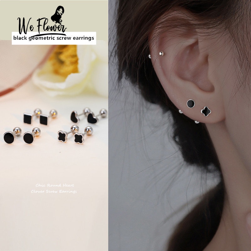 We Flower Chic Hitam Bulat Hati Clover Sekrup Anting Untuk Wanita Perempuan Elegan Geometris Tulang Rawan Tindik Anting Perhiasan