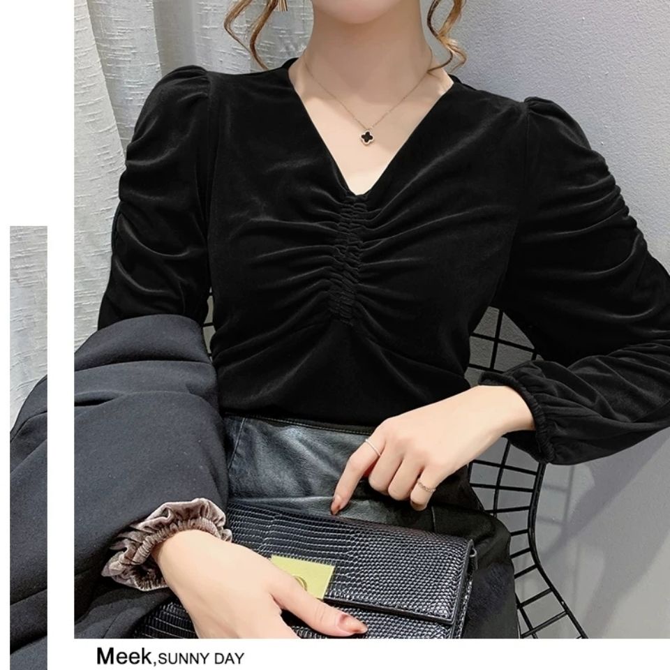 ㍿✙Suhao emas beludru bottoming kemeja wanita musim semi dan musim gugur 2022 gaya baru gaya asing longgar all-match puff lengan v-neck top lengan panjang t-shirt