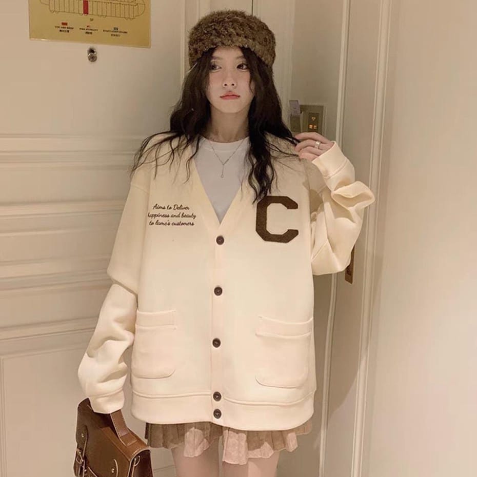 C CARDY BUTTON POCKIE Sweater Outher Wanita Oversize Fashion Korean Kasual Style OOTD Girly Feminim