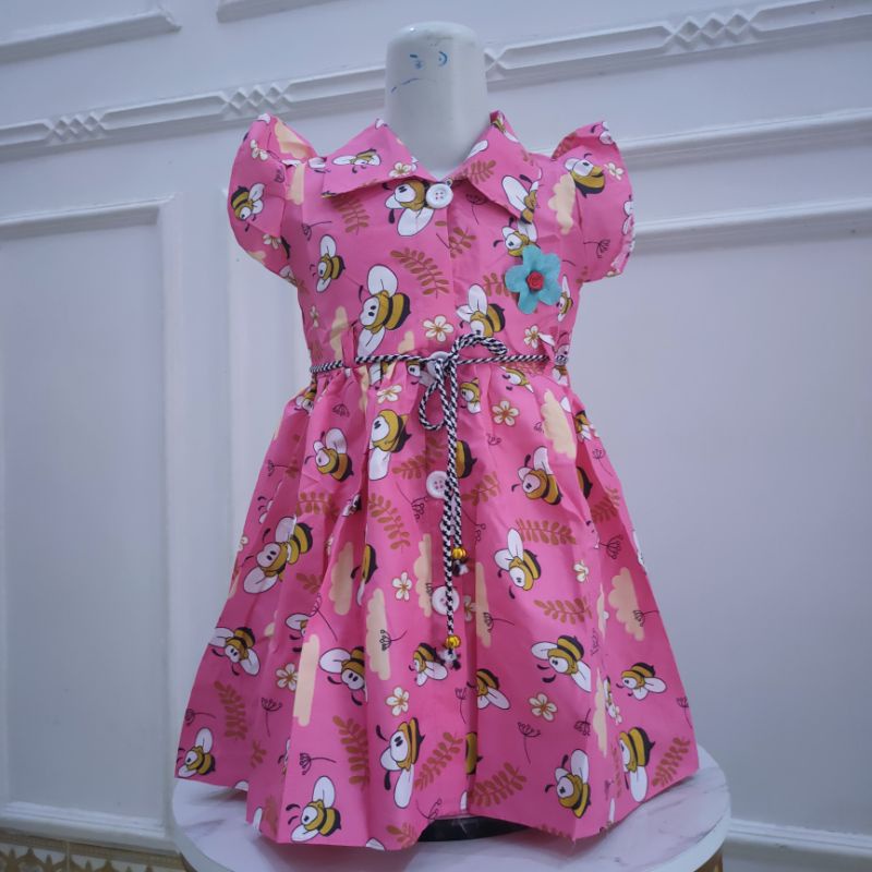 Dress anak 1 2 tahun kancing kartun motif karakter lebah tawon kancing honey bee