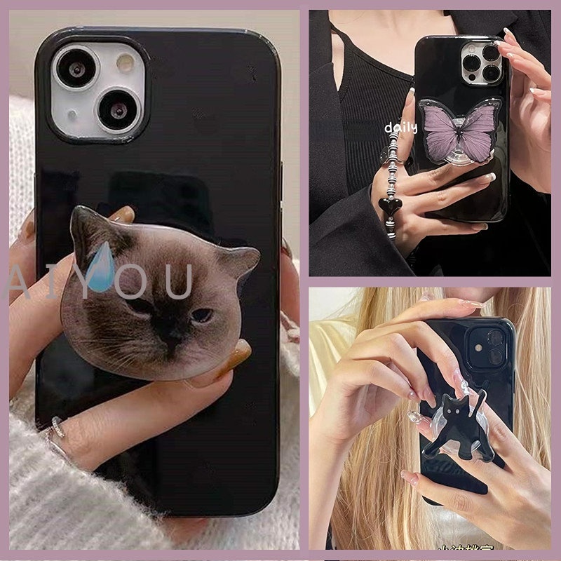 IPHONE Ins Cool Holder Stand Glossy Phone Case Untuk Iphone13 11 12 Pro Max XR X XS Max Mini7 8 Plus Se2020Hitam Lucu Butterfly Cat Cover