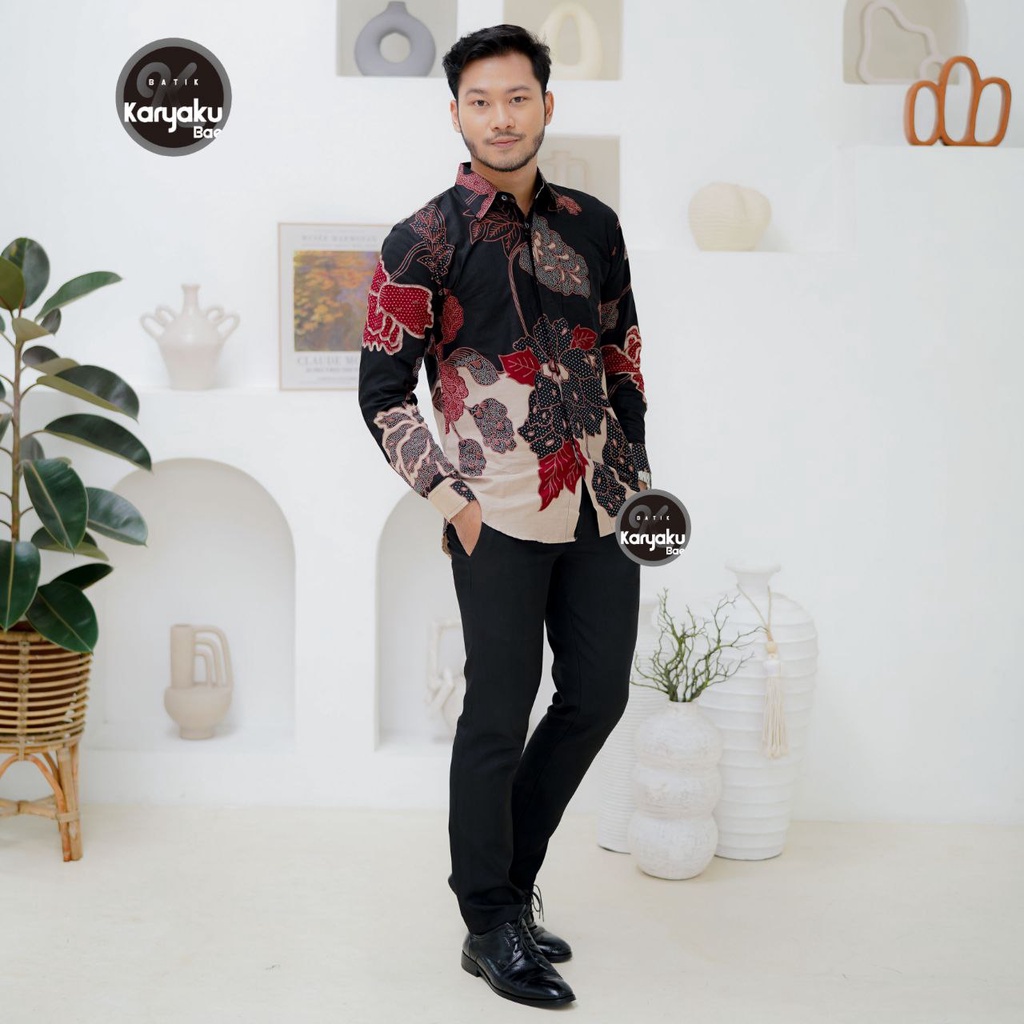 BATIK COUPLE MODERN MOTIF MAWAR HITAM KEMEJA &amp; TUNIK BATIK ATASAN BATIK WANITA BATIK PRIA