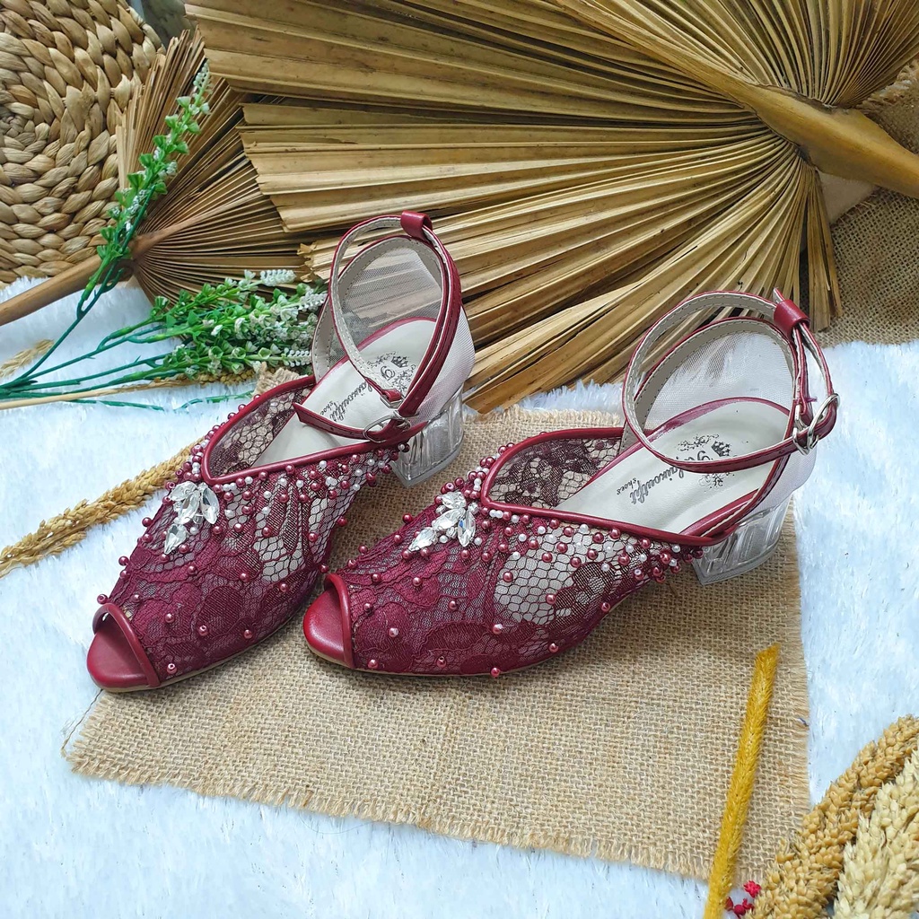 sepatu wedding pesta cantik Rania merah maroon hak 5cm kaca