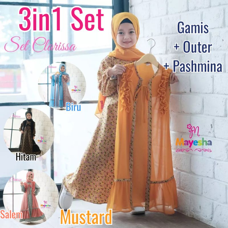 [3-7th] READY STOCK GAMIS ANAK CLARISSA SET GAMIS OUTER PASHMINA 3IN1 3-7 TAHUN MATT SHAKILA MIX CERUTY / BAJU GAMIS LEBARAN ANAK PEREMPUAN PREMIUM CLARISSA SET ORIGINAL BY MAYESHA / GAMIS ANAK + OUTER CERUTY CLARISSA SET 3IN1 BY MAYESHA