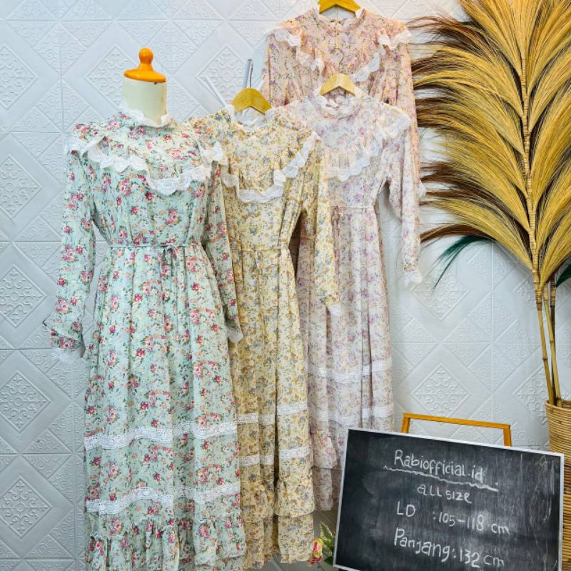 Gamis Import Ceruti Motif Bunga Kecil dengan Rufle di Dada