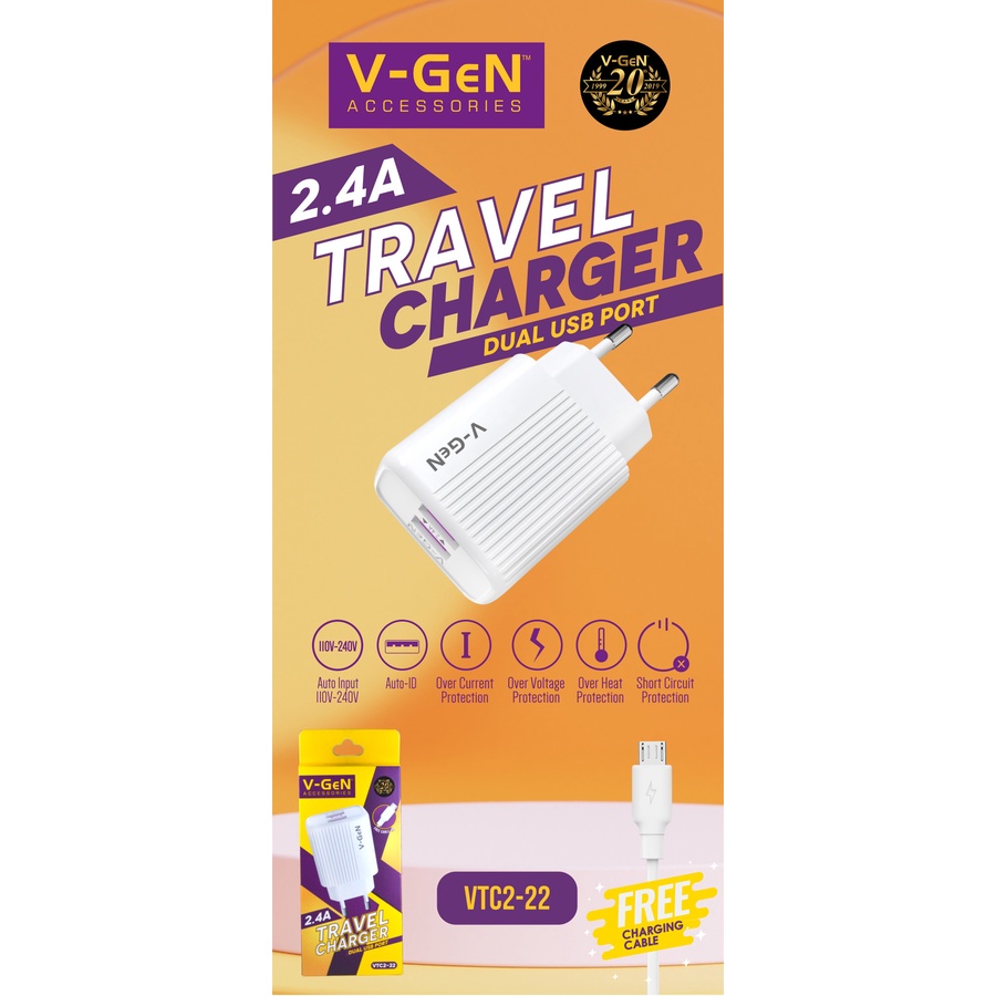 Adaptor Charger V-GeN VTC2-22 2.4A Dual Port USB Travel Charger VGEN