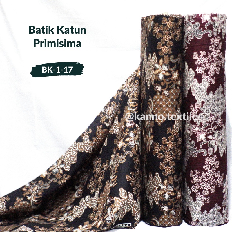 KAIN BATIK KATUN HALUS PRIMISIMA BK-1-17 MOTIF BUNGA MEGA MENDUNG WARNA OREN GOLD/MARUN ABU