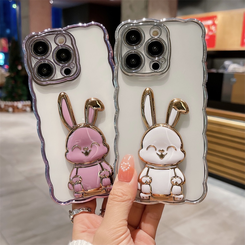 Cute 3D Kelinci Berdiri Untuk iPhone 14 Pro Max Case iPhone 12 13 11promax 14plus Premium Mewah Sepenuhnya Tertutup Perlindungan Shockproof Transparan TPU Soft Back Cover